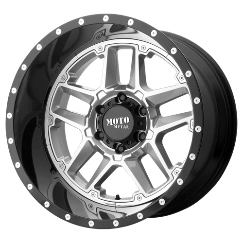 Moto Metal MO987 SENTRY GLOSS SILVER CENTER W/ GLOSS BLACK LIP 8X170 20X12 -44 125.1HB