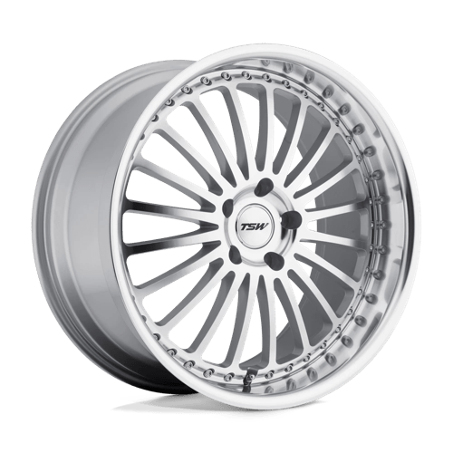 TSW SILVERSTONE SILVER W/ MIRROR CUT FACE & LIP 5X112 18X8 +32 72.1HB